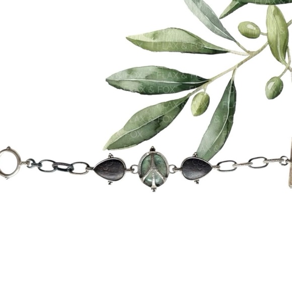 Lucky Brand Link Bracelet Faceted Carved Wood Bead Silver Peace Sign Green Stone - Picture 5 of 8